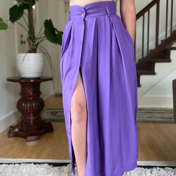 Vintage High Waisted Button Front Pleated A-Line Skirt Eggplant Purple - Picture 15 of 15